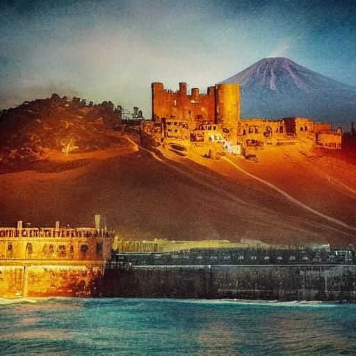 Medieval Sicilian City with Erupting Etna Volcano