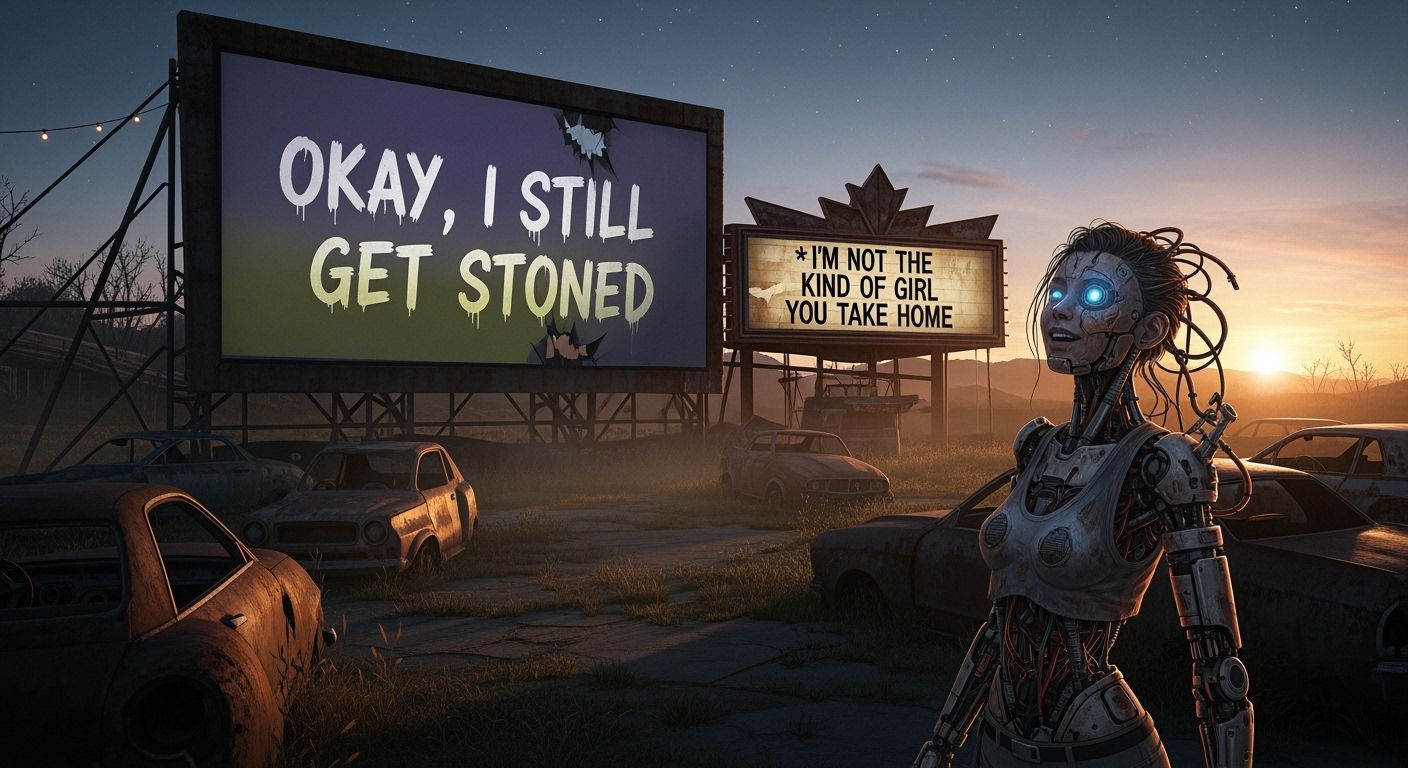 Post-Apocalyptic Cyberpunk Drive-In at Dusk