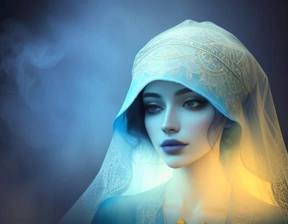 Mystical Portrait of Woman in Blue and Yellow Aquatint Style