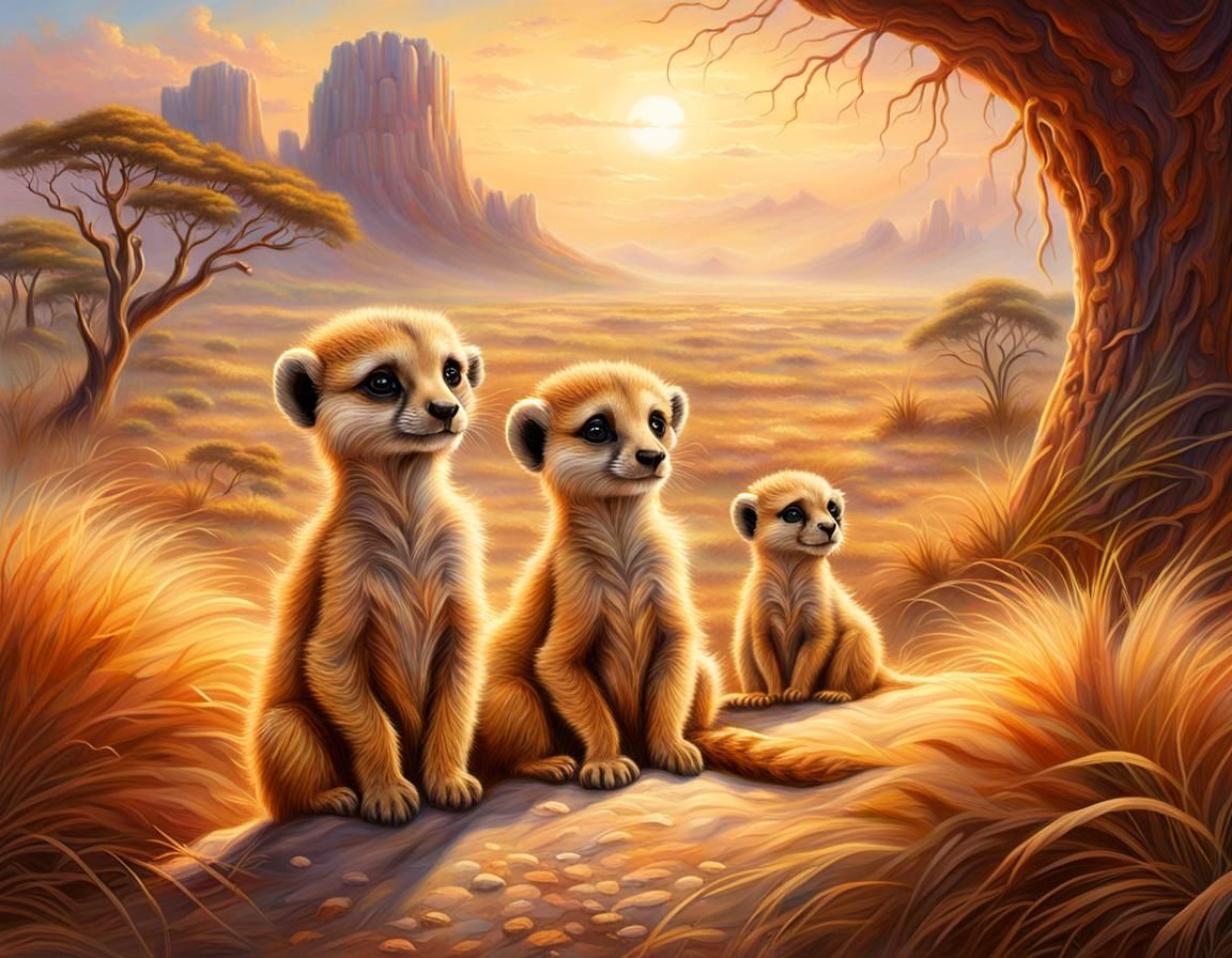 Meerkats and Lion Cub in Ethereal Savannah Art