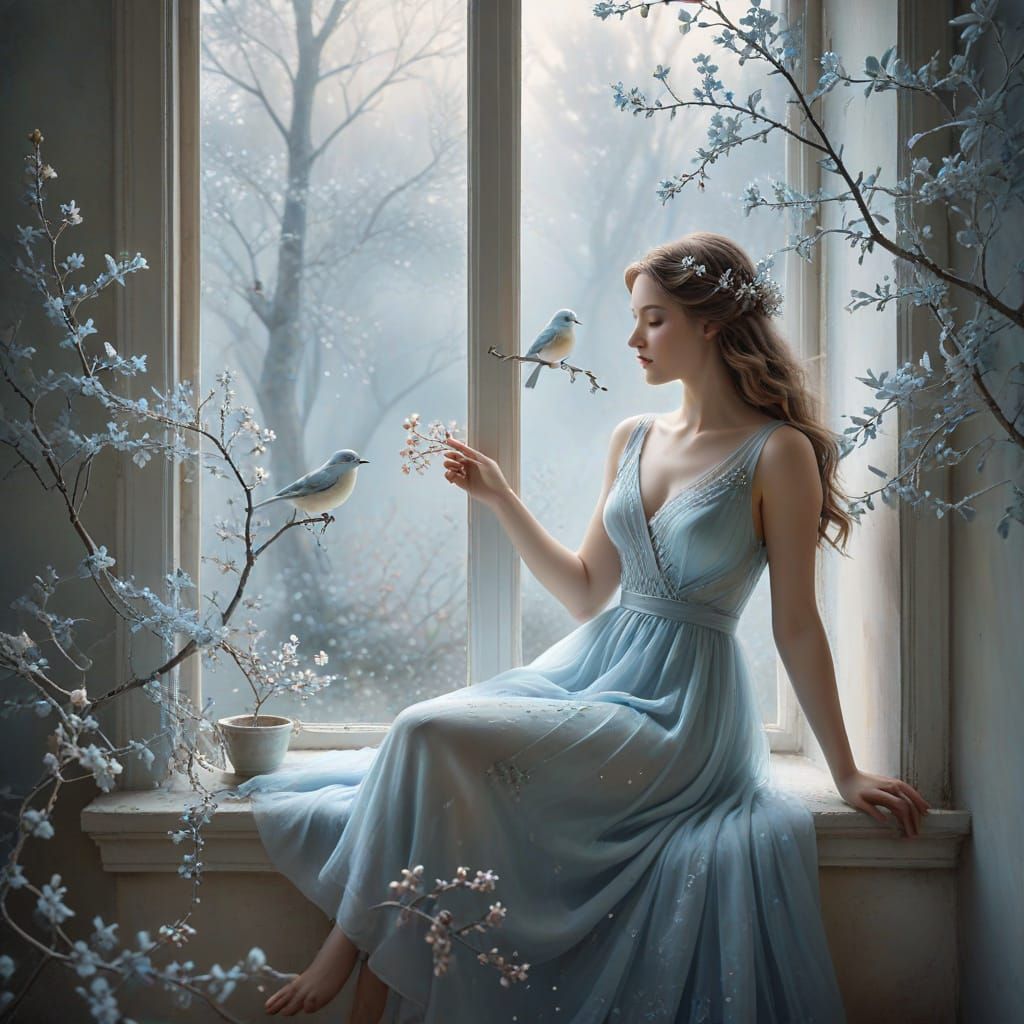 Ethereal Woman with Birds: Whimsical Watercolor Fantasy