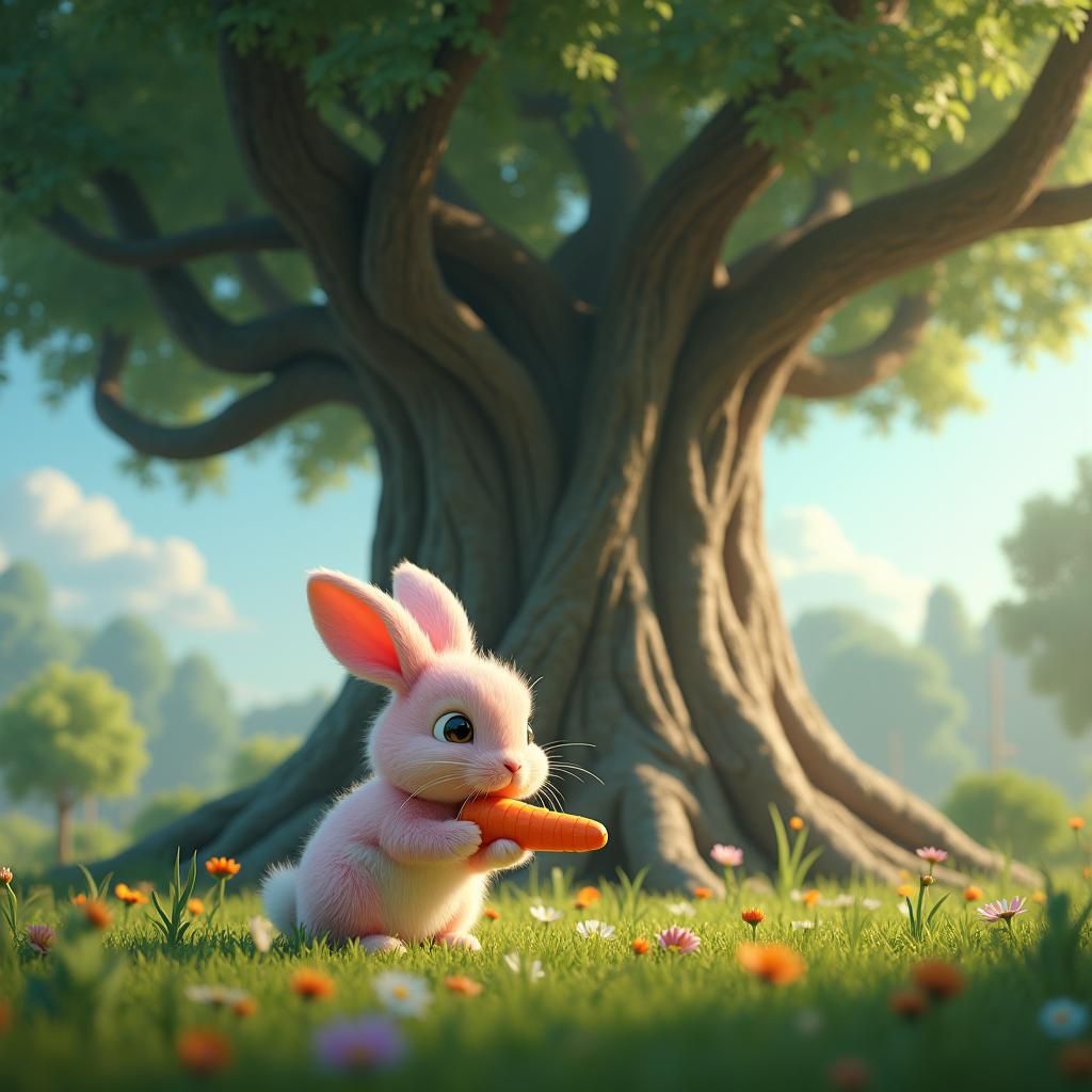 Pink Rabbit Eating Carrot in Lush Glade as 3D Art