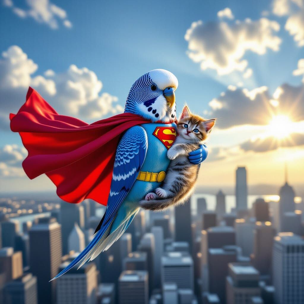 Budgie Superhero Rescues Kitten Above Cityscape