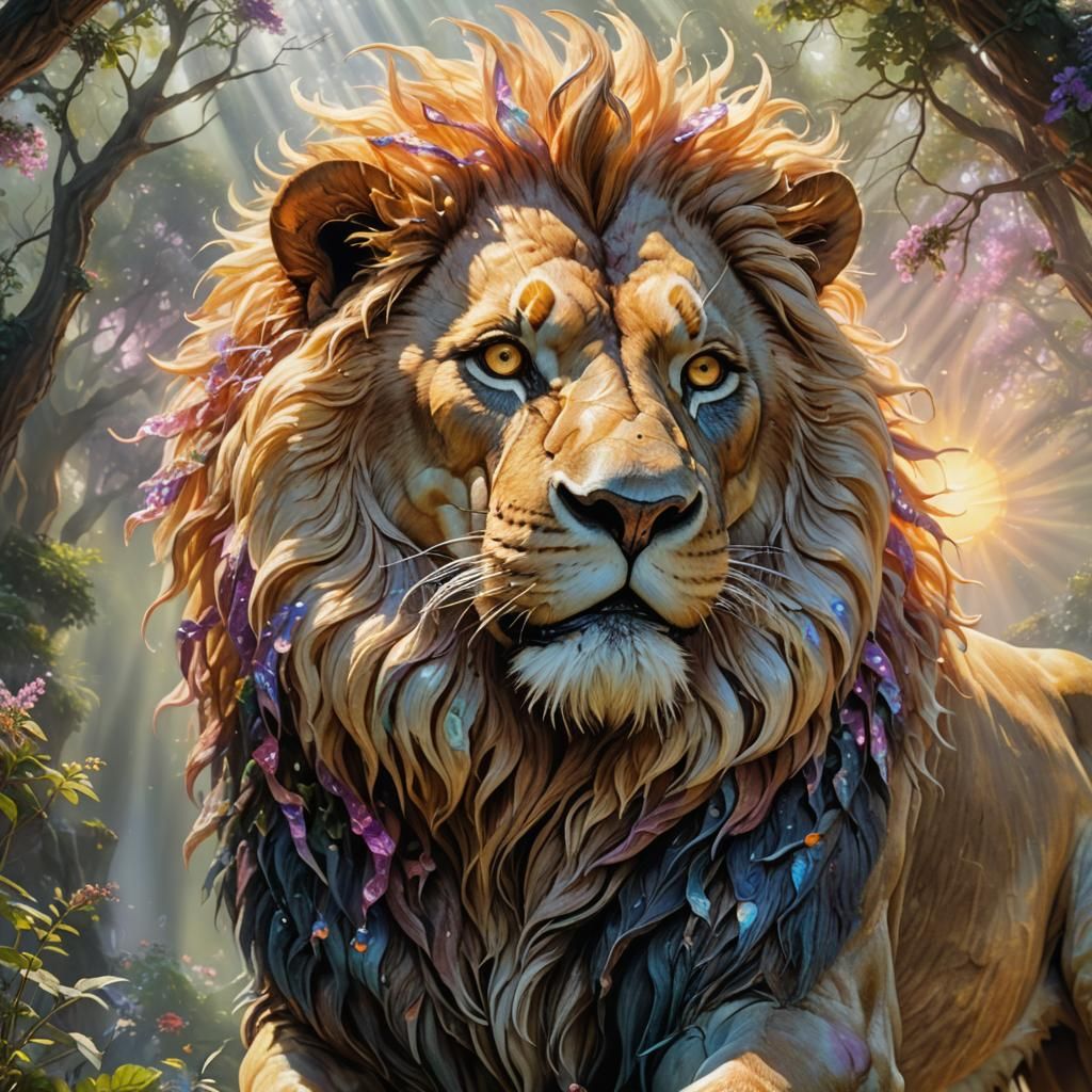 Ethereal Lion with Sun Eyes in Fantasy Realism