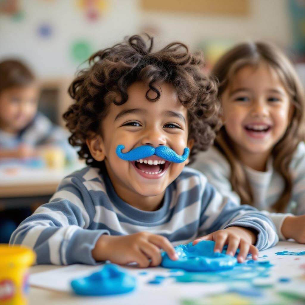 Kids Laughing with Play-Doh Mustache in Art Class