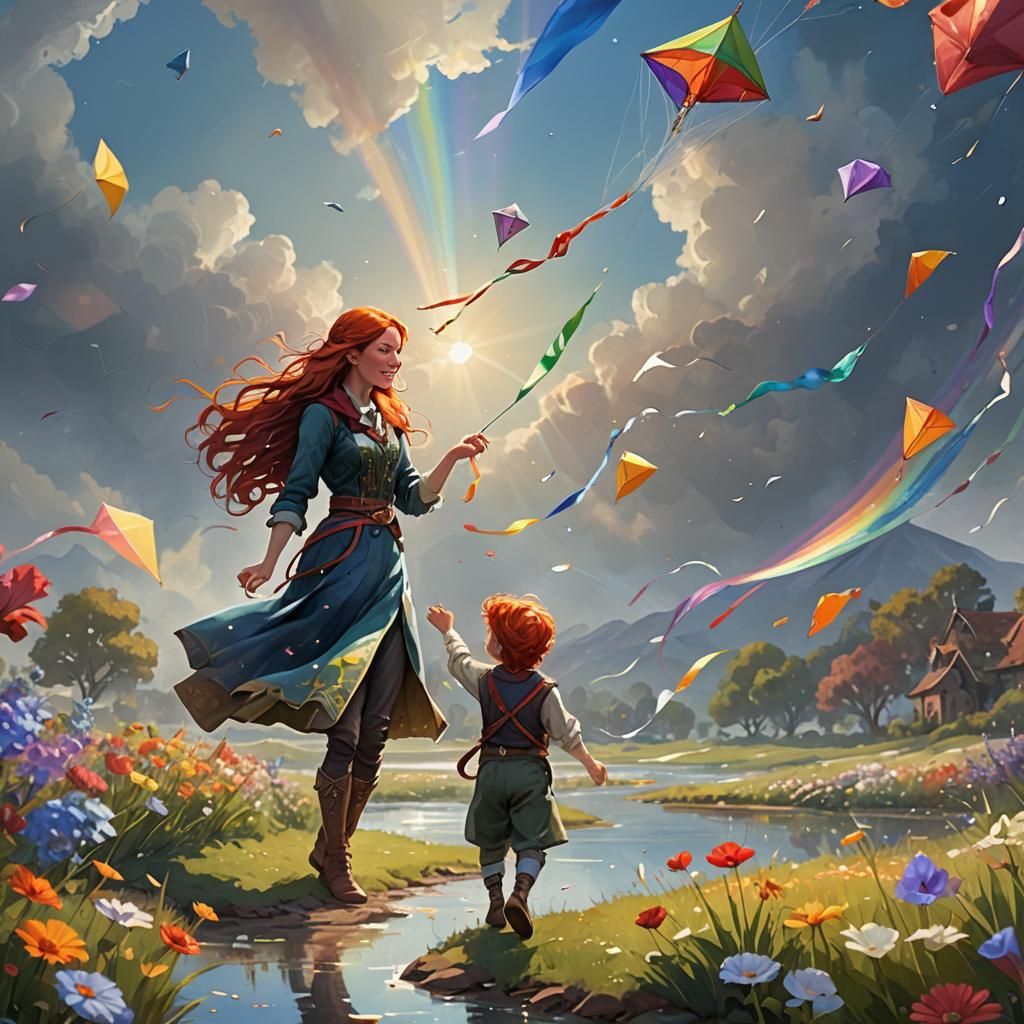 Mother and Son Flying Kite in Fantasy Landscape