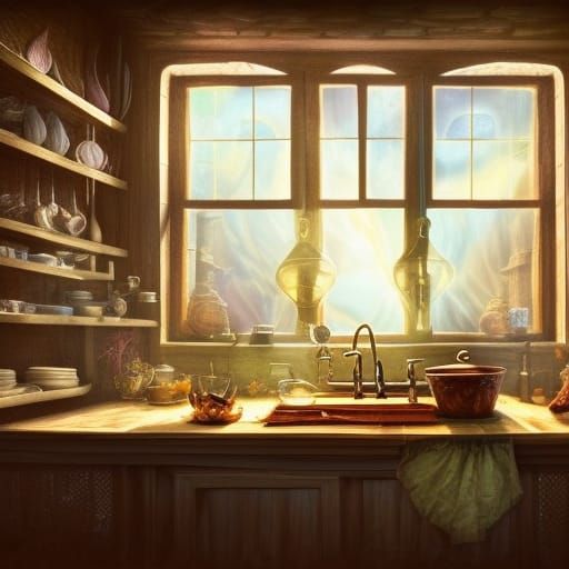 Friendly Cooking Witch's Kitchen: Detailed Matte Painting