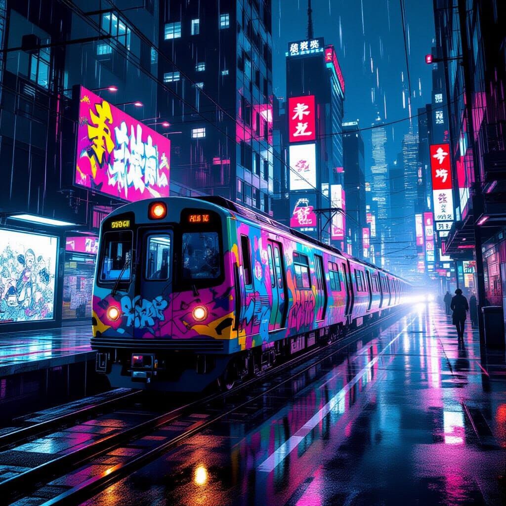 Cyberpunk Subway Train Speeds Through Neon City at Night