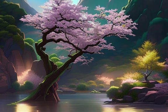Sakura Plum Tree Concept Art with Water and Overgrowth