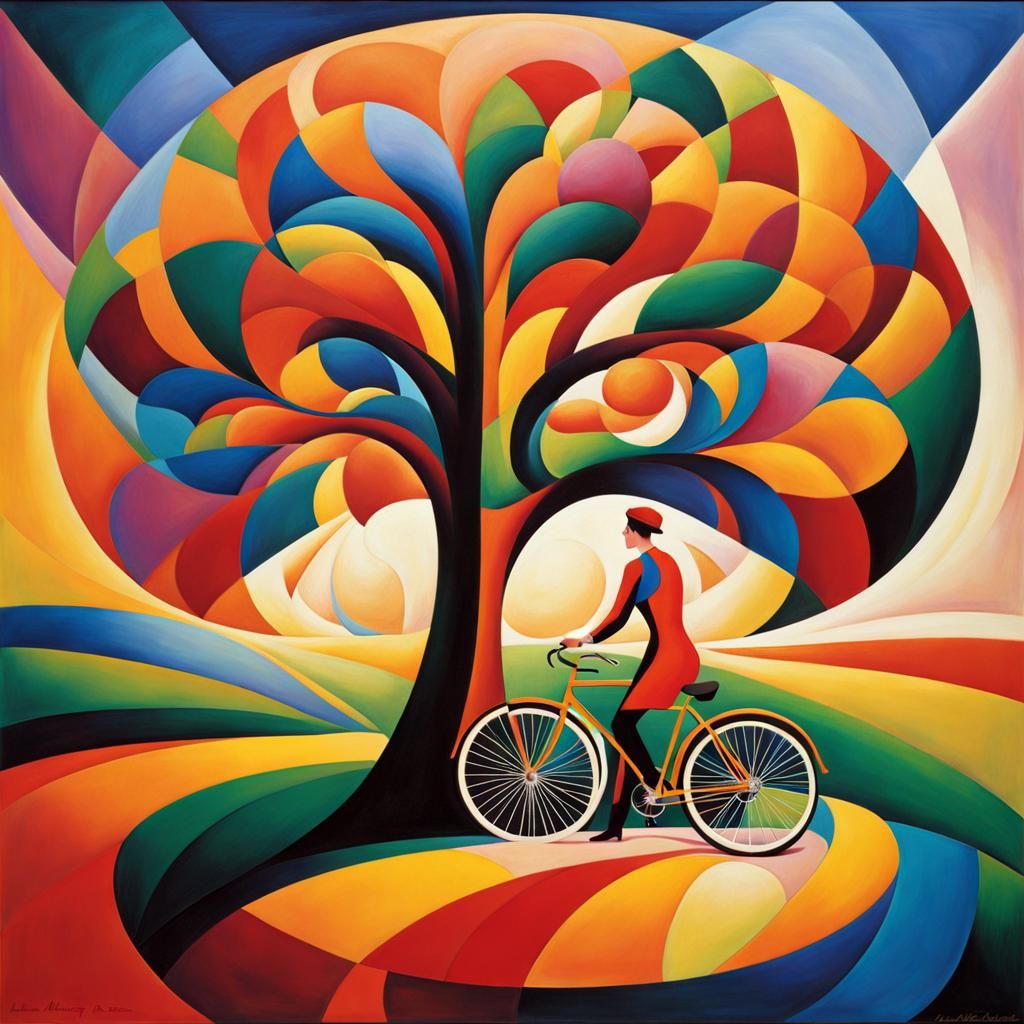 Rainbow Tree of Life with Bicycle: Cubist Style
