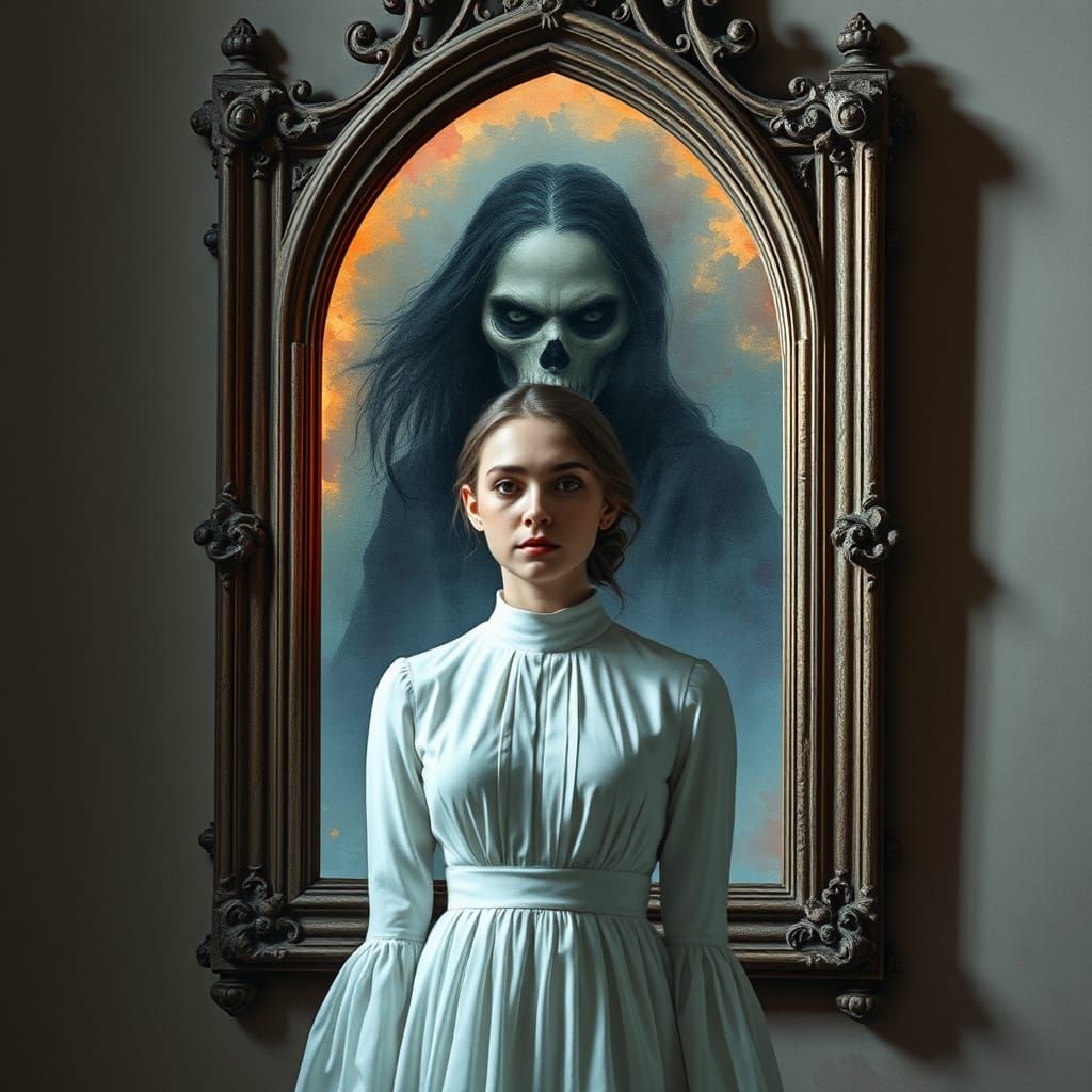 Gothic Mirror Reflects Ghostly Apparition in Dark Fantasy