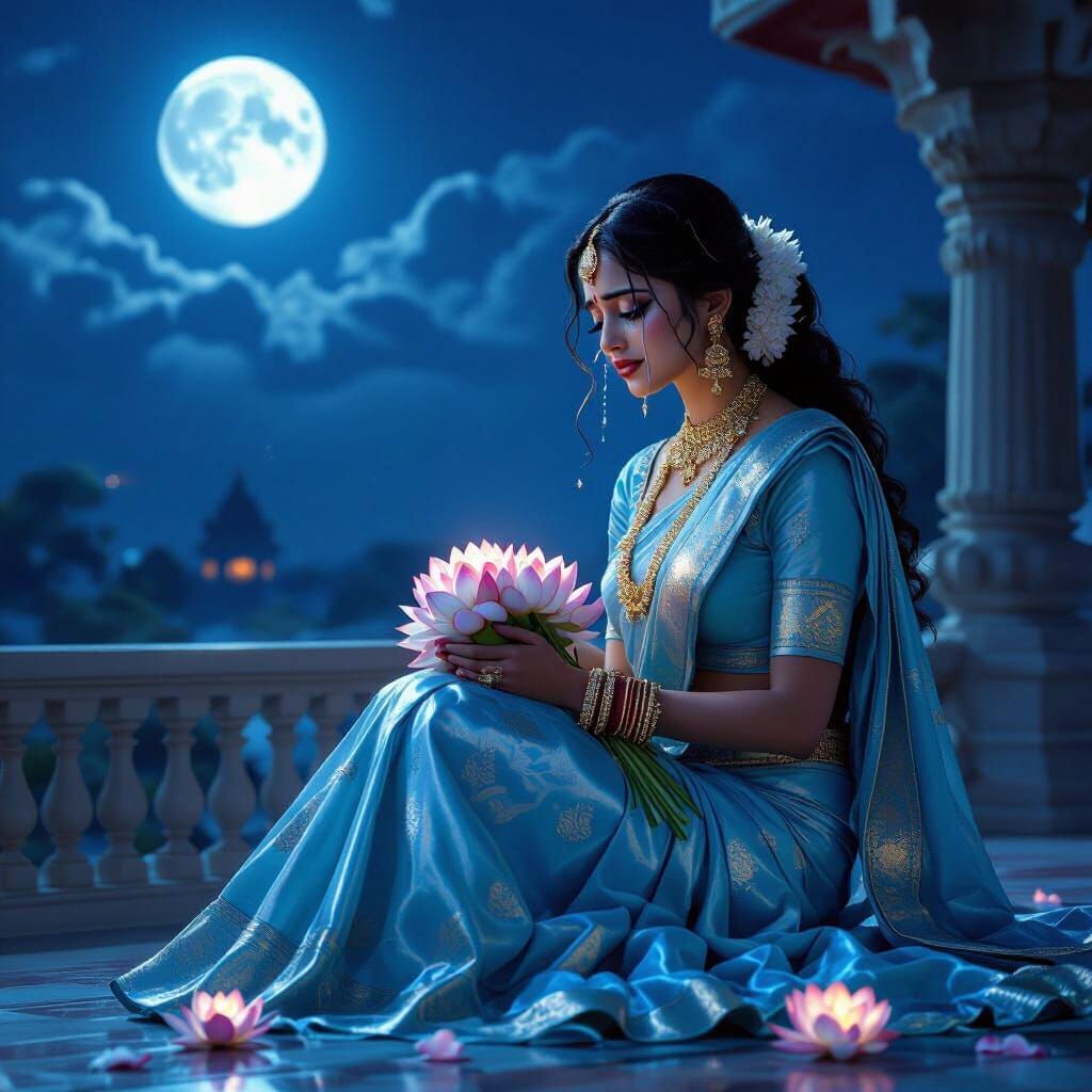 Radha Weeping on Palace Veranda with Lotus Flowers