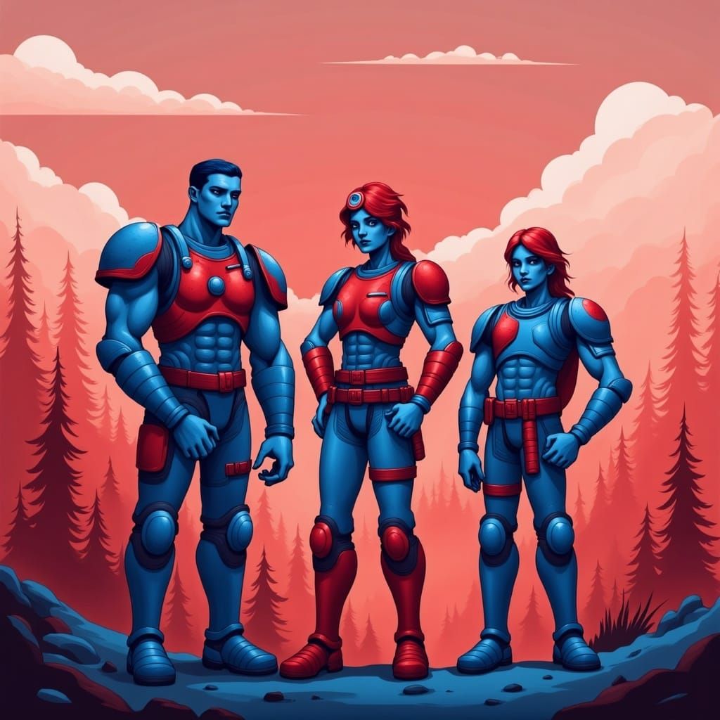 Vibrant 8-Bit Heroes in Pixelated Landscape