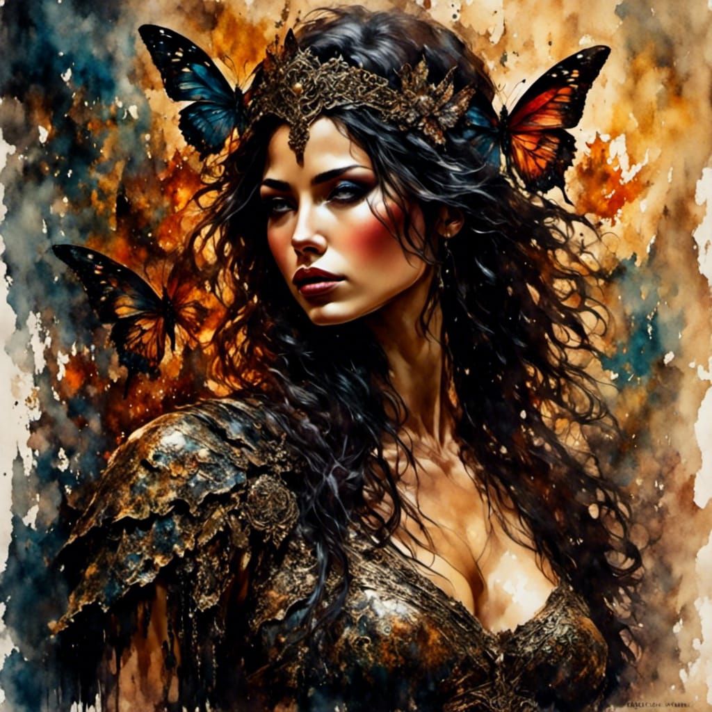 Butterfly Woman with Warrior: Dark Fantasy Watercolor