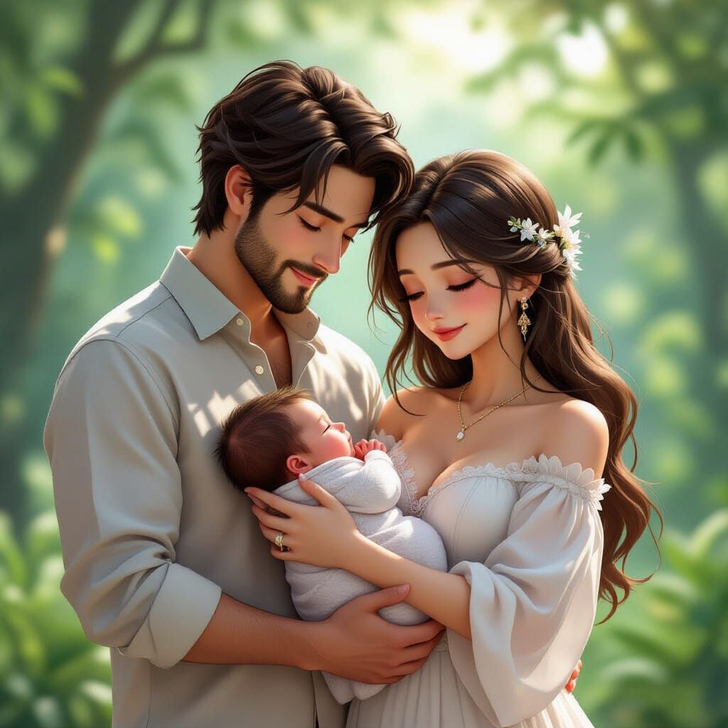 Newborn Baby Cradled by Loving Parents in 3D Anime Style