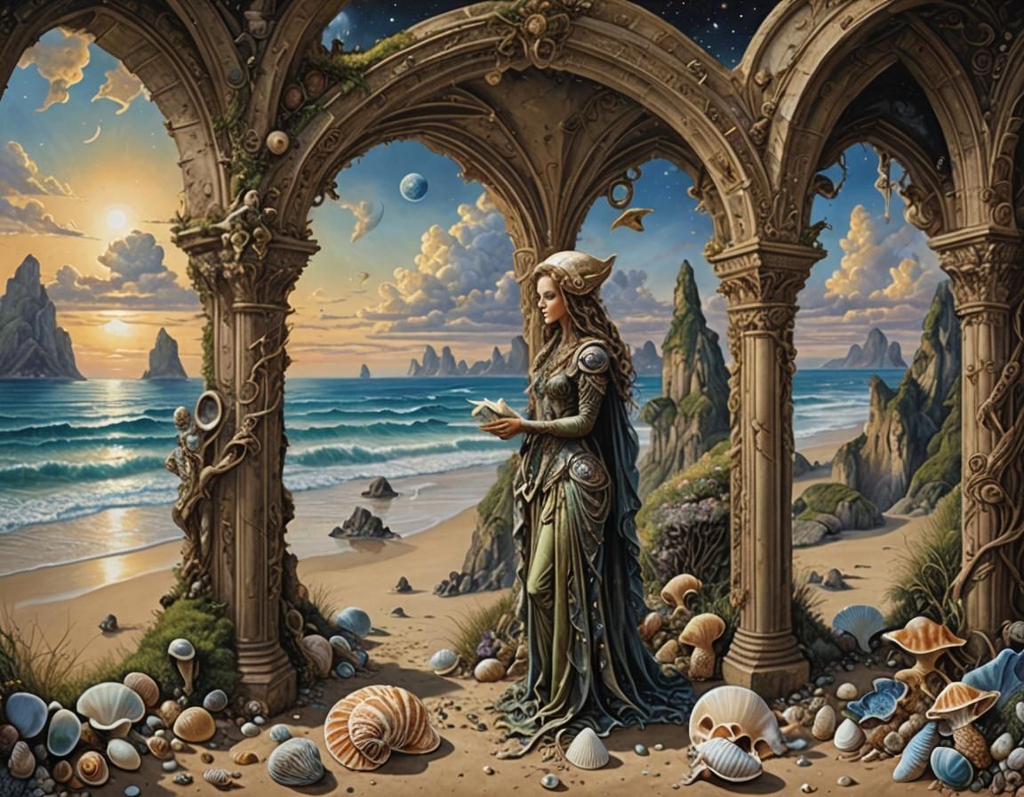 Alien Planet Beachcomber GOTHIC ARCHED Triptych, SEASHELLS // Surreal Science Fiction, Eric Zener, JOSEPHINE WALL