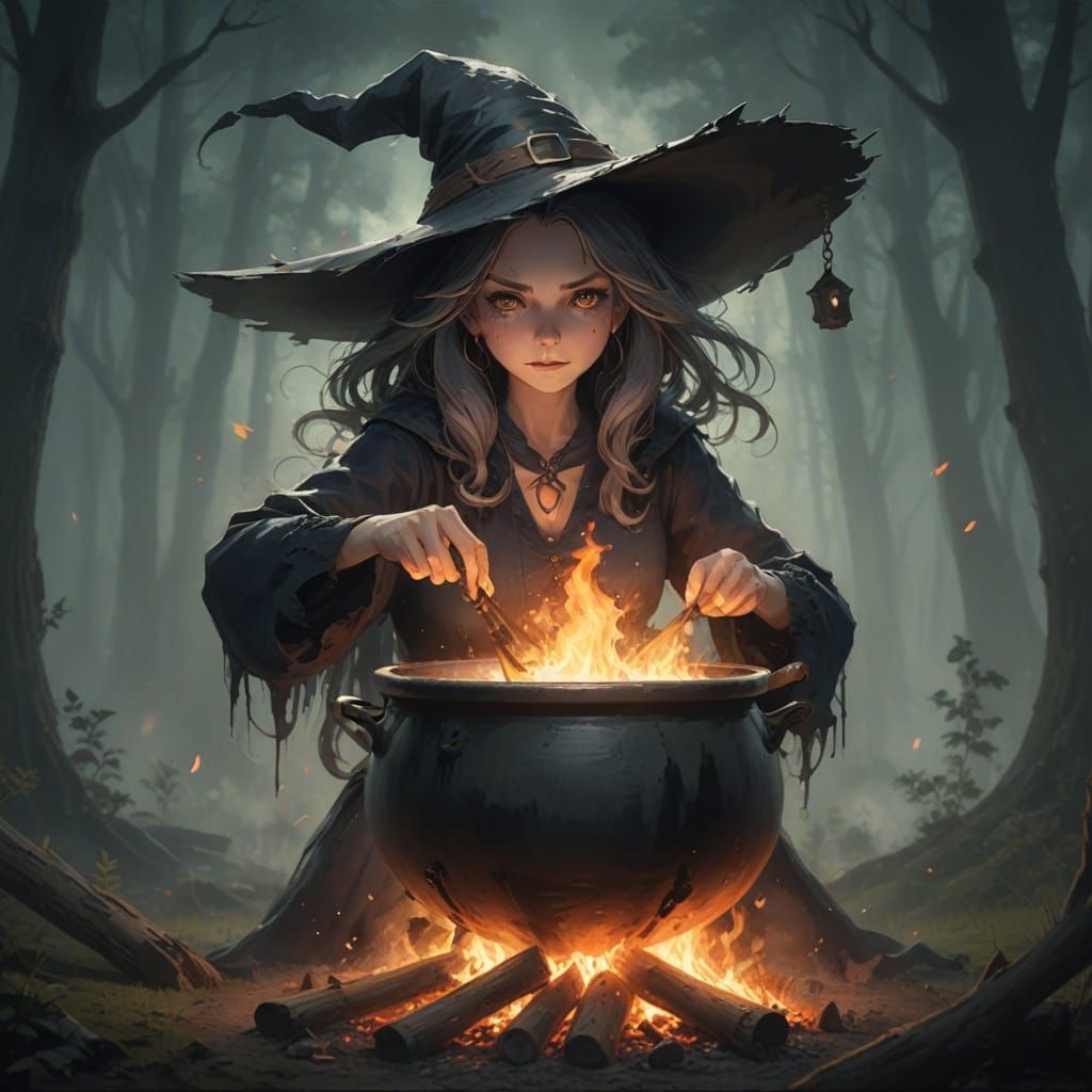 Witch Stirs Cauldron Over Fire in Woods, Painted Anime Style