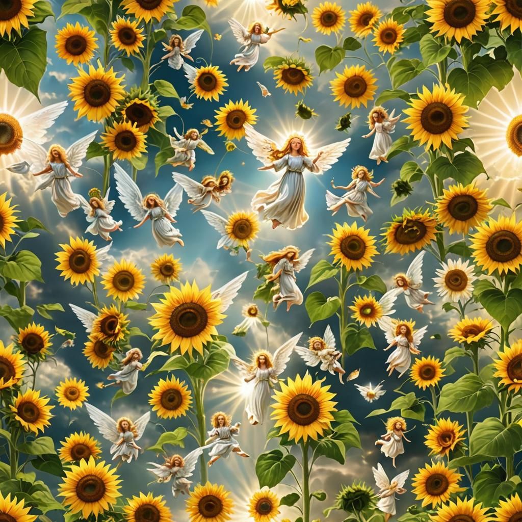 Angels and Fairies in Sunlit Sunflower Field