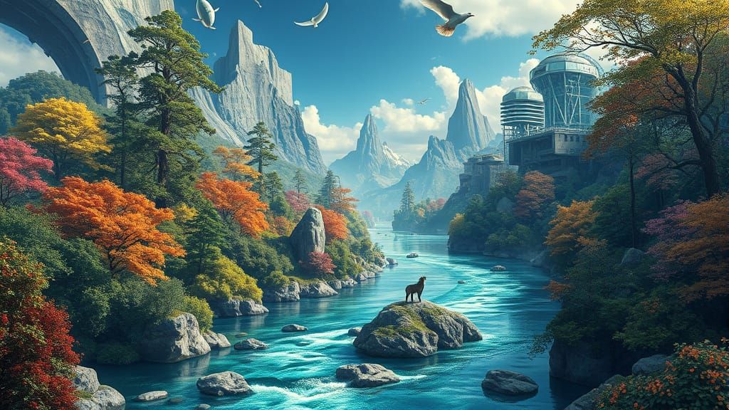 Surreal Harmony of Nature and Technology in Cyberpunk Landsc...