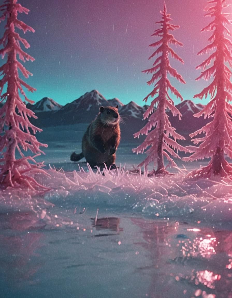 Neon Muskrat and Beaver on Ice, Synthwave Style