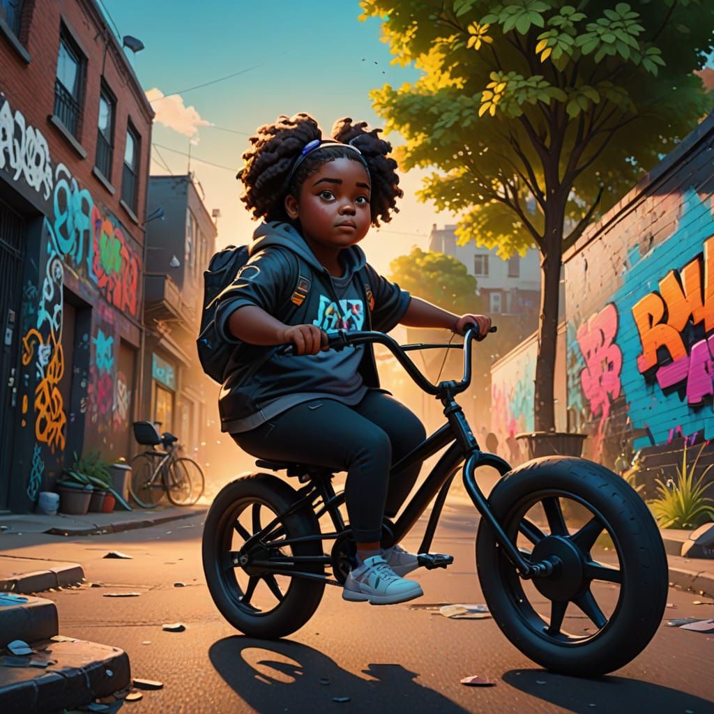 Vibrant Street Art of a Young Girl Riding a Bike Through a P...