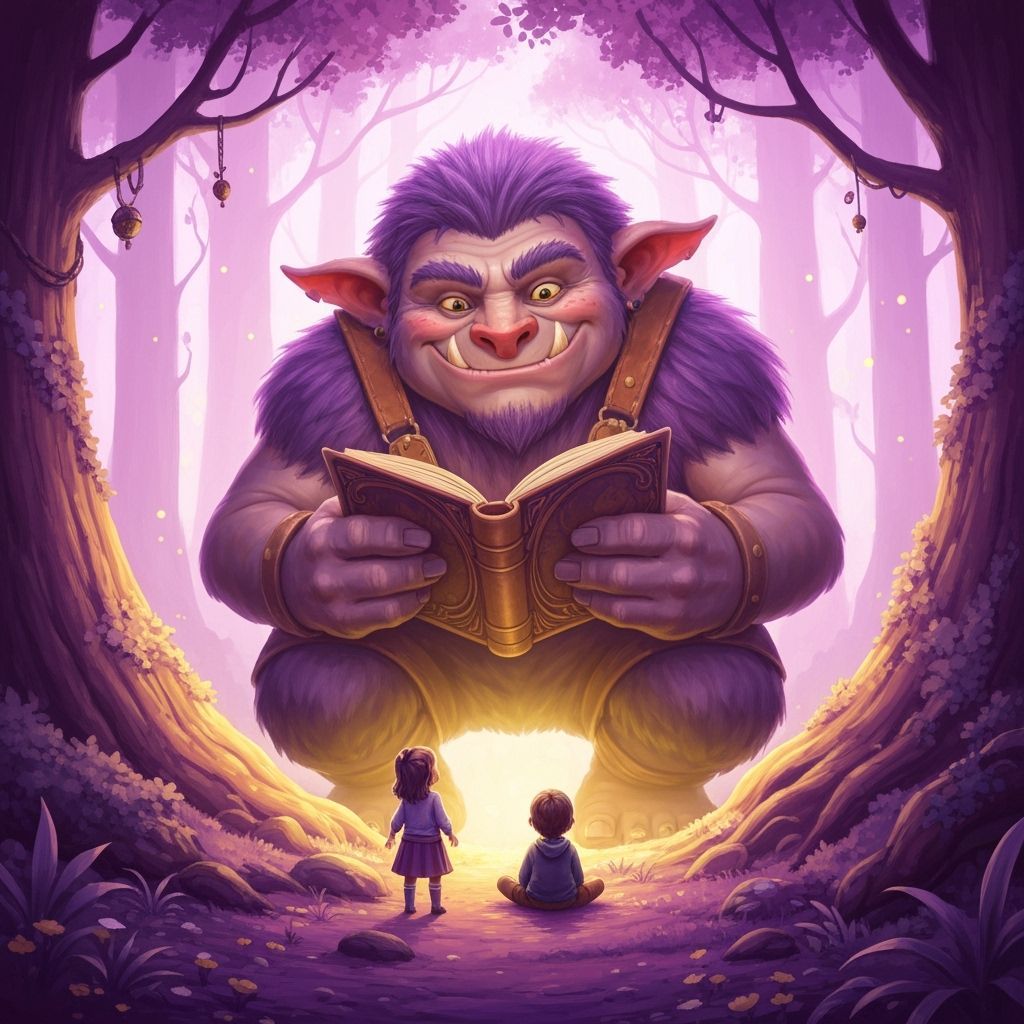 Friendly Troll Reads to Children in Whimsical Forest