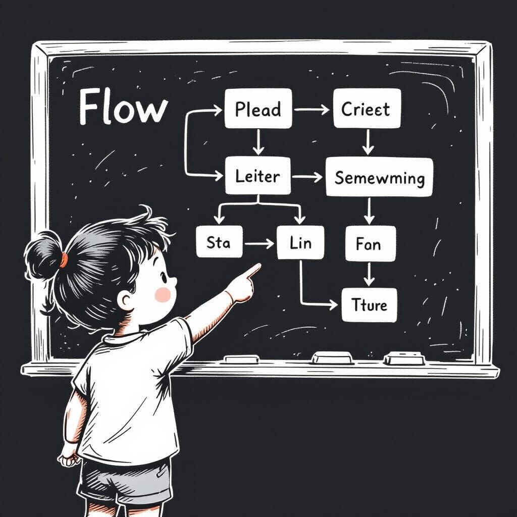 Child Points to Flowchart on Blackboard in Simple Style
