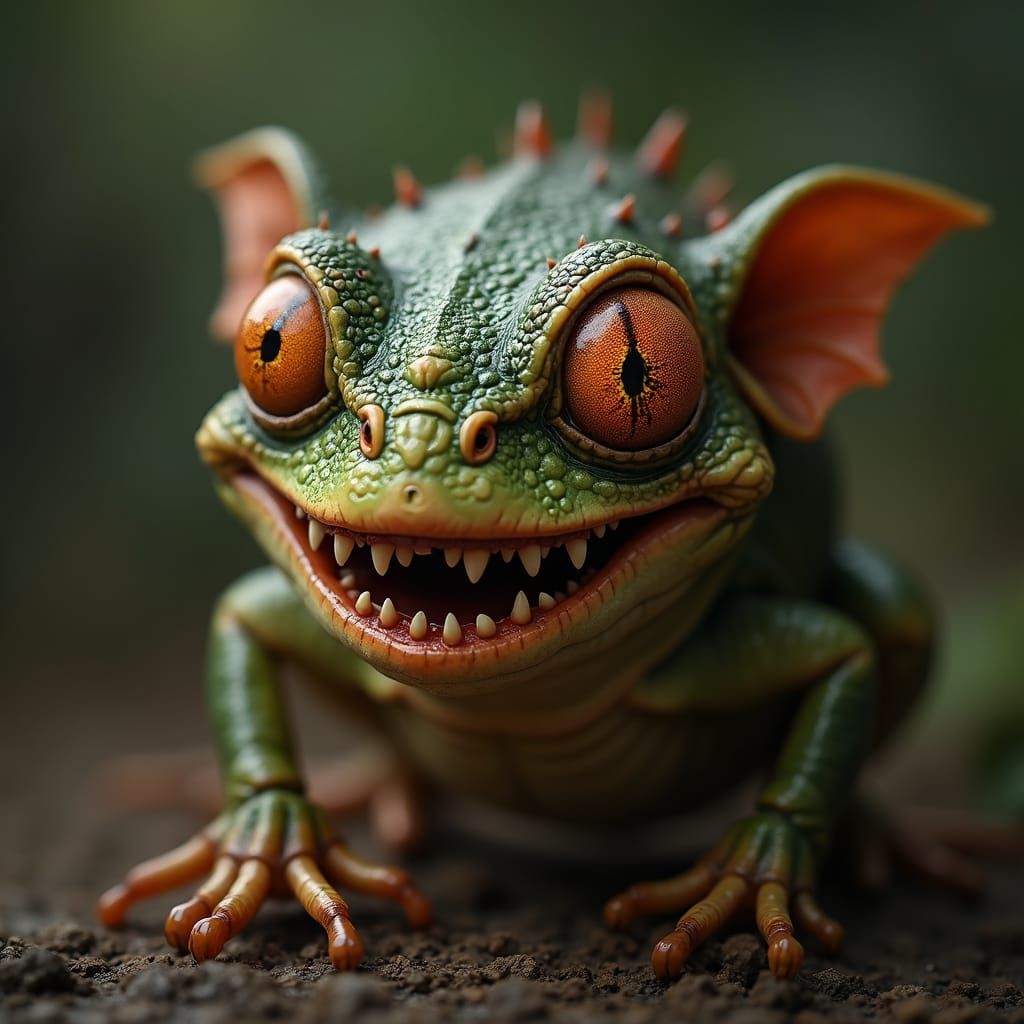Funny Ugly Goblin Eating Bugs with Big Grin
