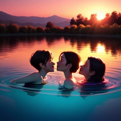 Lesbians Kissing in Pond at Sunset