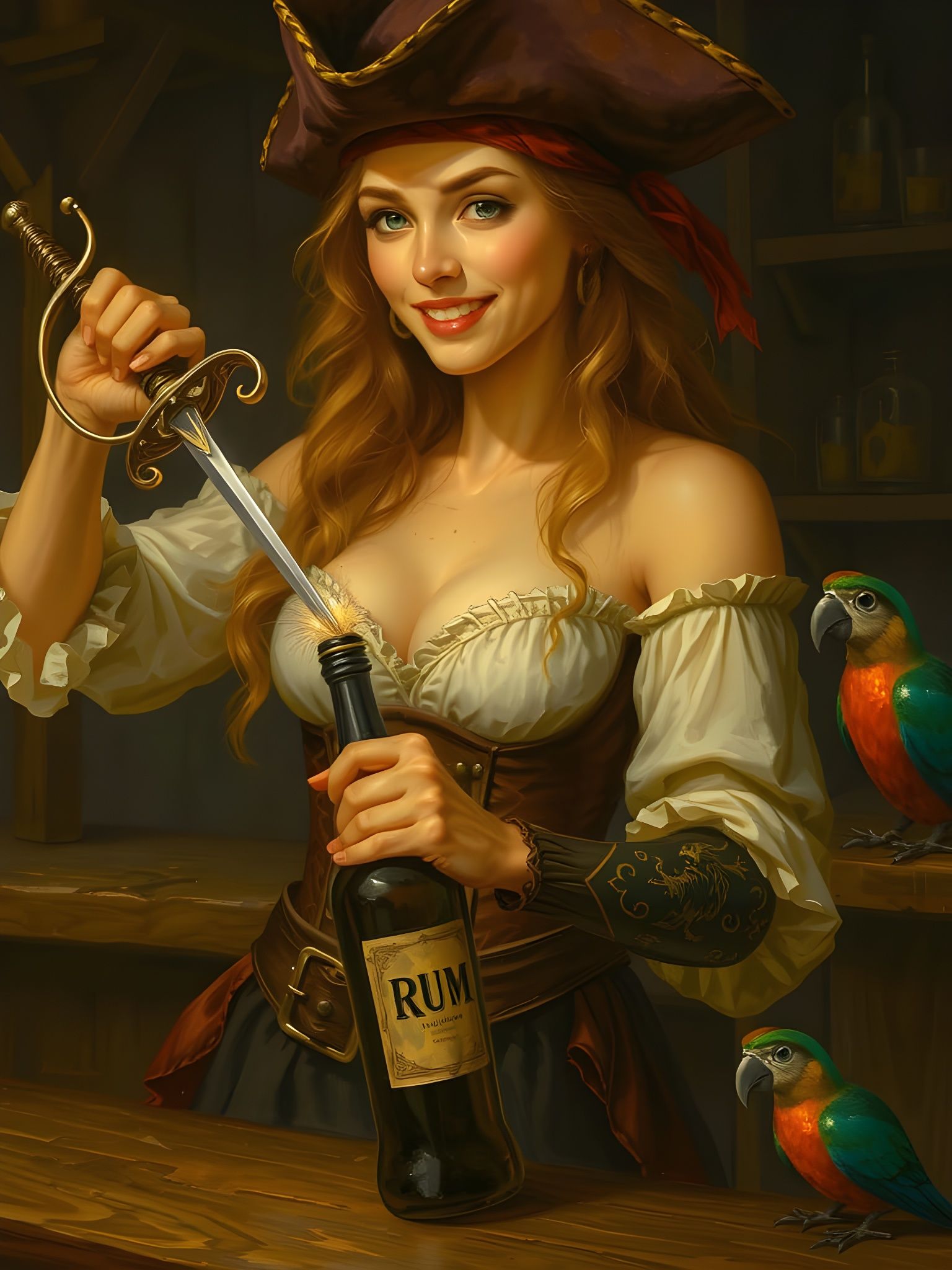 Sultry Pirate Opens Rum Bottle with Elegance