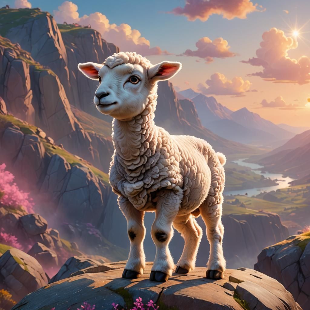 Lamb on Rocky Cliff: Vibrant Digital Painting