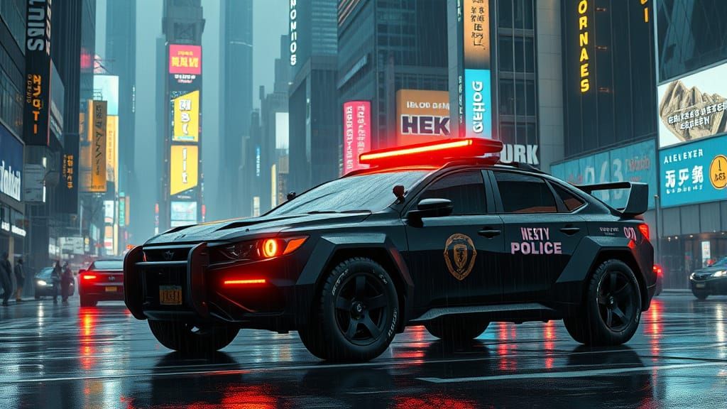 Cyberpunk Future Police Car in a Densely Populated City