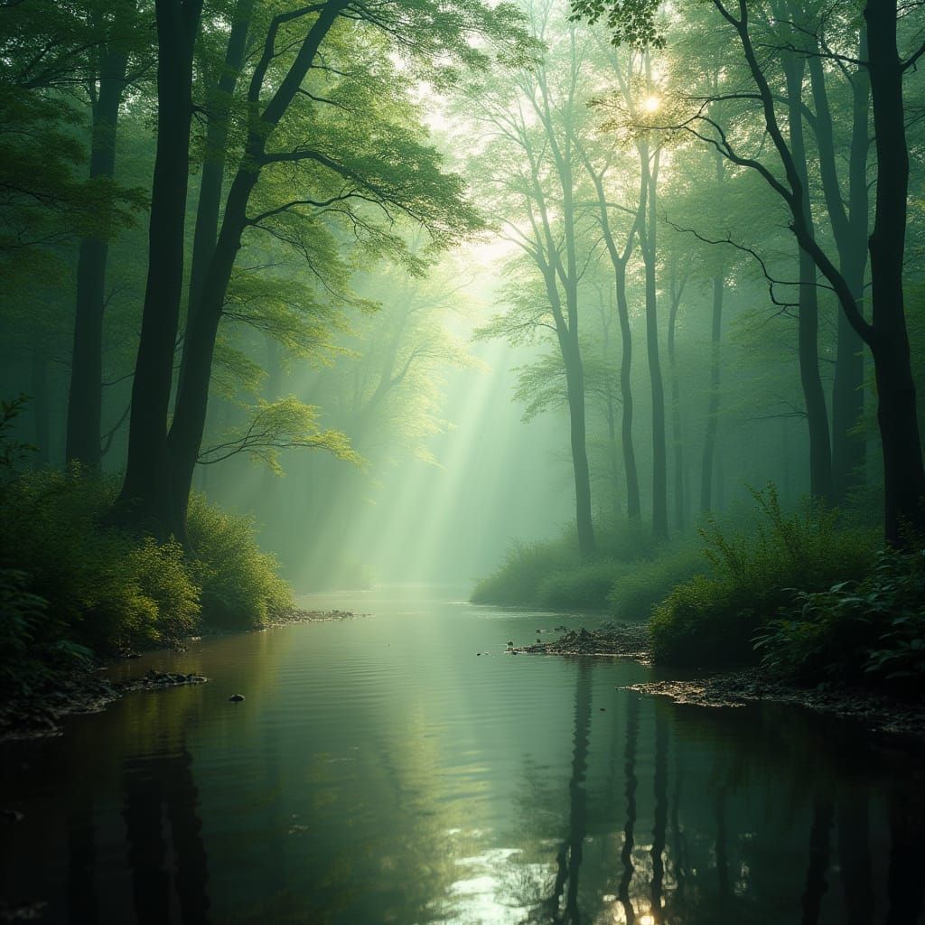 Serene Forest River: Cinematic Film Still