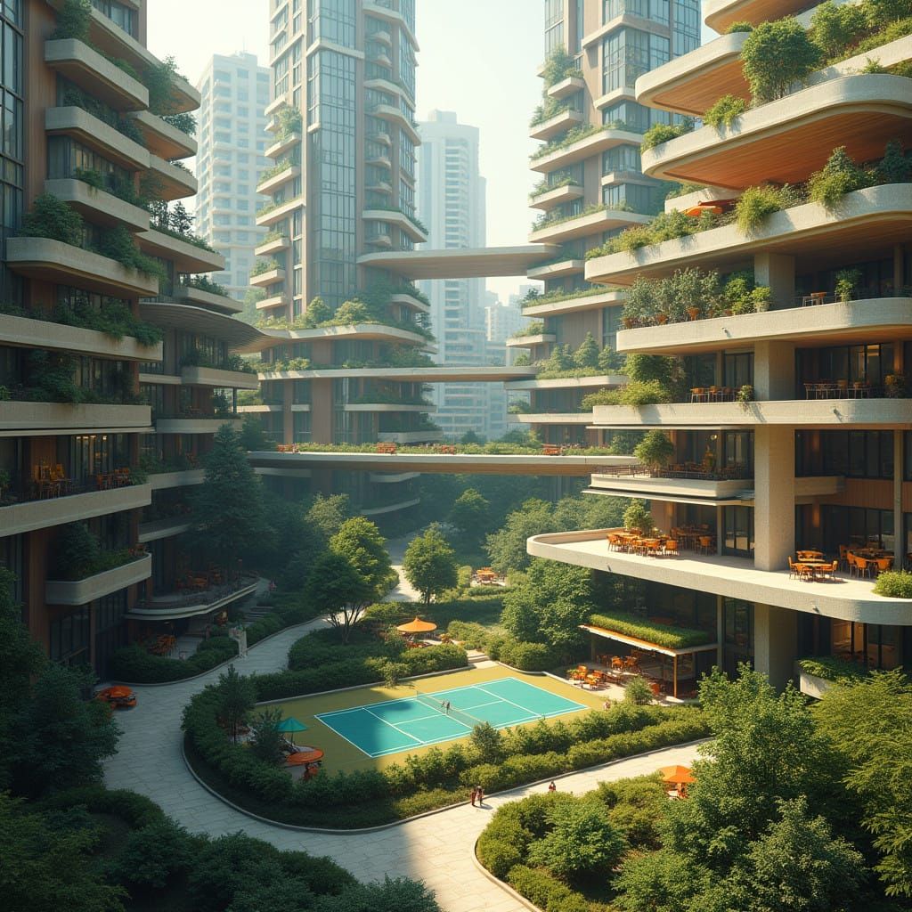 Sleek Modern Metropolis with Elevated Walkways and Lush Oasi...
