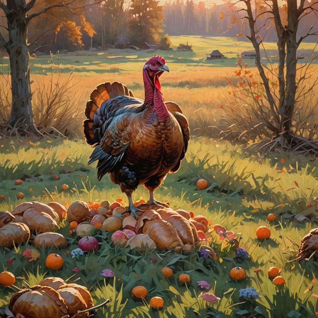 Thanksgiving Turkey in Meadow as Impasto Oil Painting