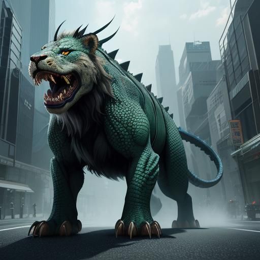 Lion-Crocodile Hybrid Creature in Anime Style