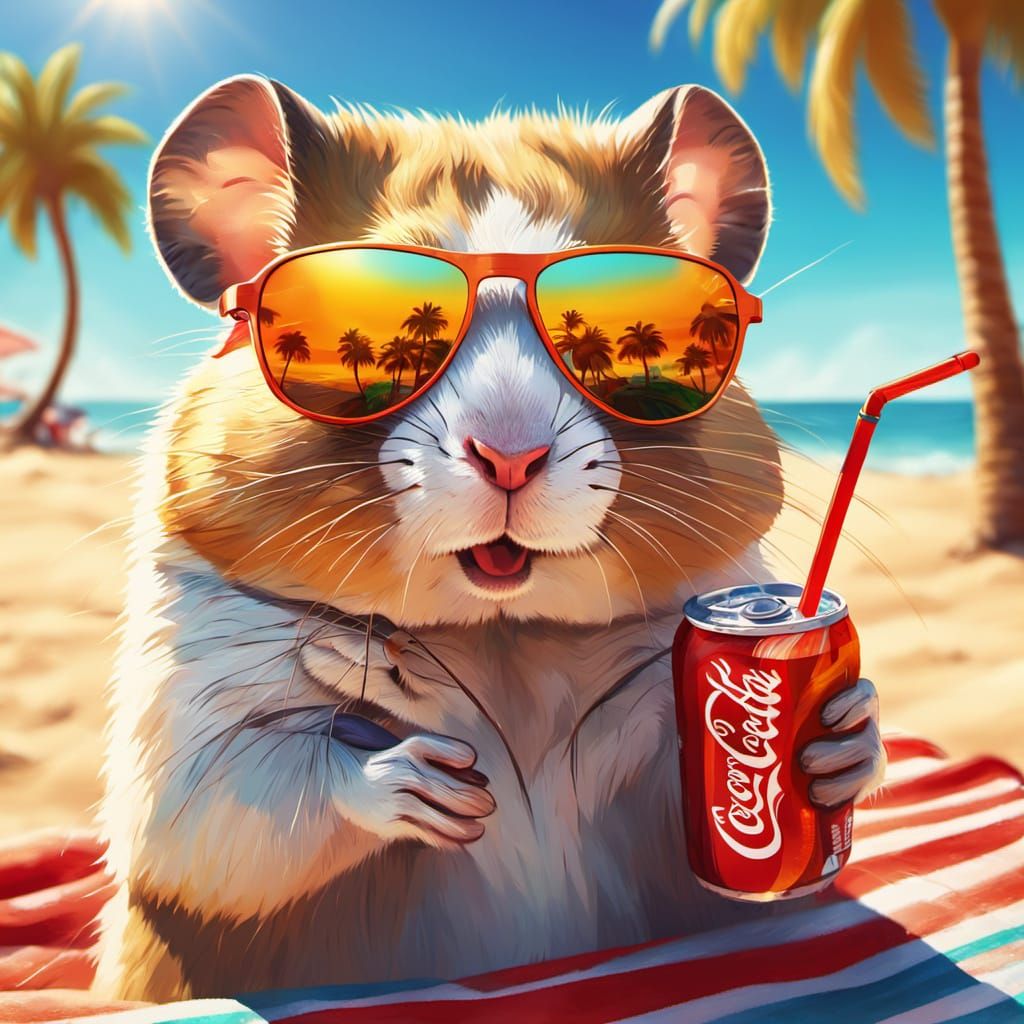 Hamster in Sunglasses Enjoys Coca-Cola on a Sunny Beach