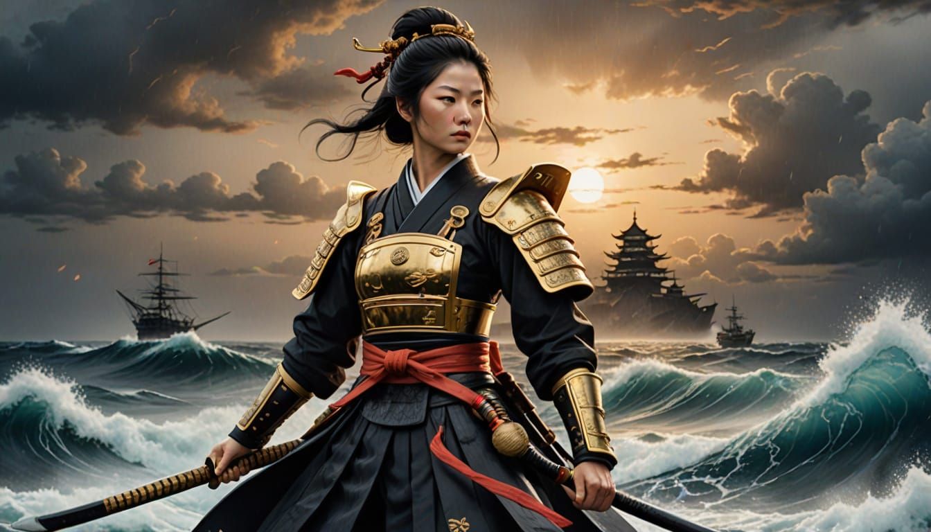 Tsuruhime on Warship as Sumi-e Ink Painting