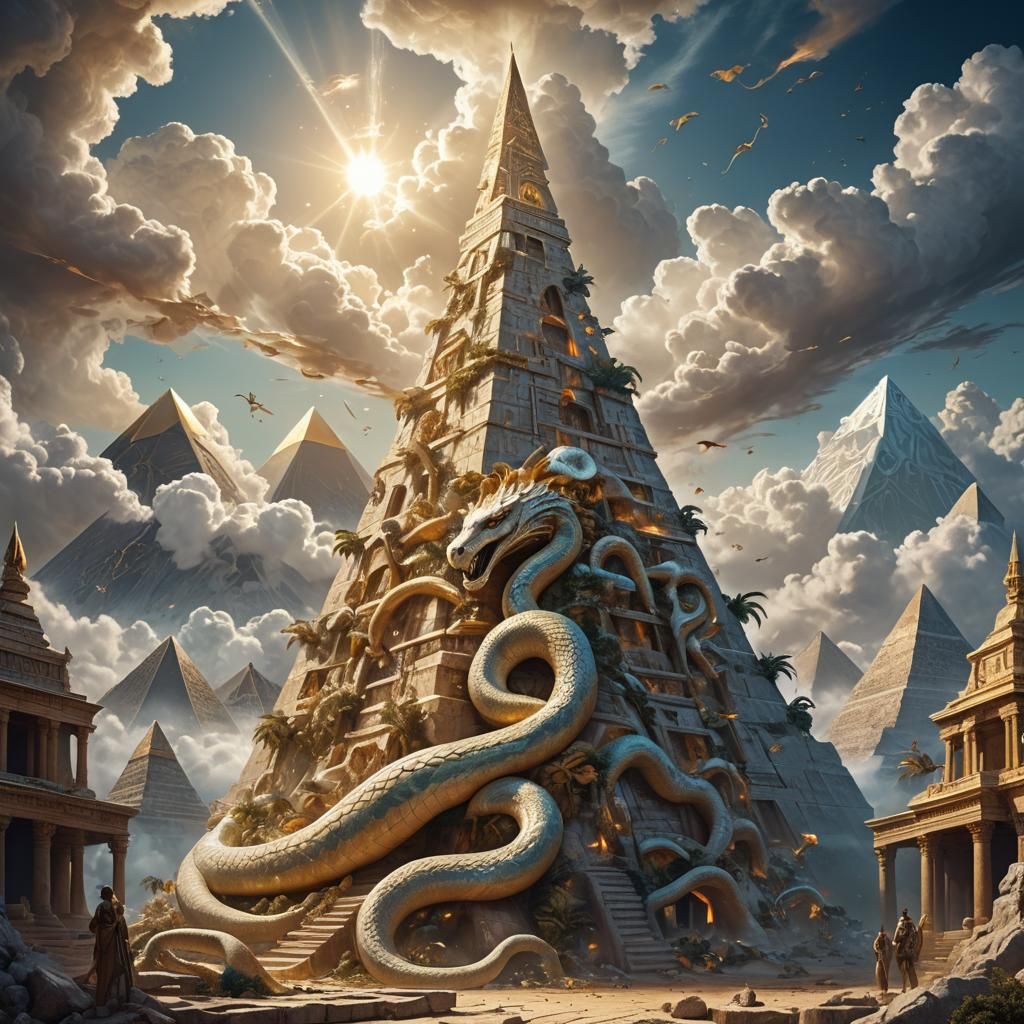 Unicorn Under Pyramid on Cloud, Fantasy Art