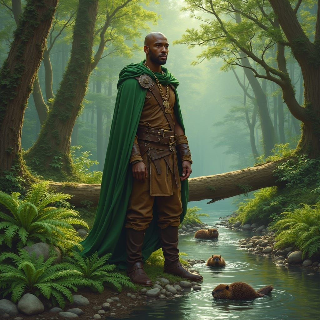 Man in Lush Forest with Beavers and Brook, in Fantastical Re...