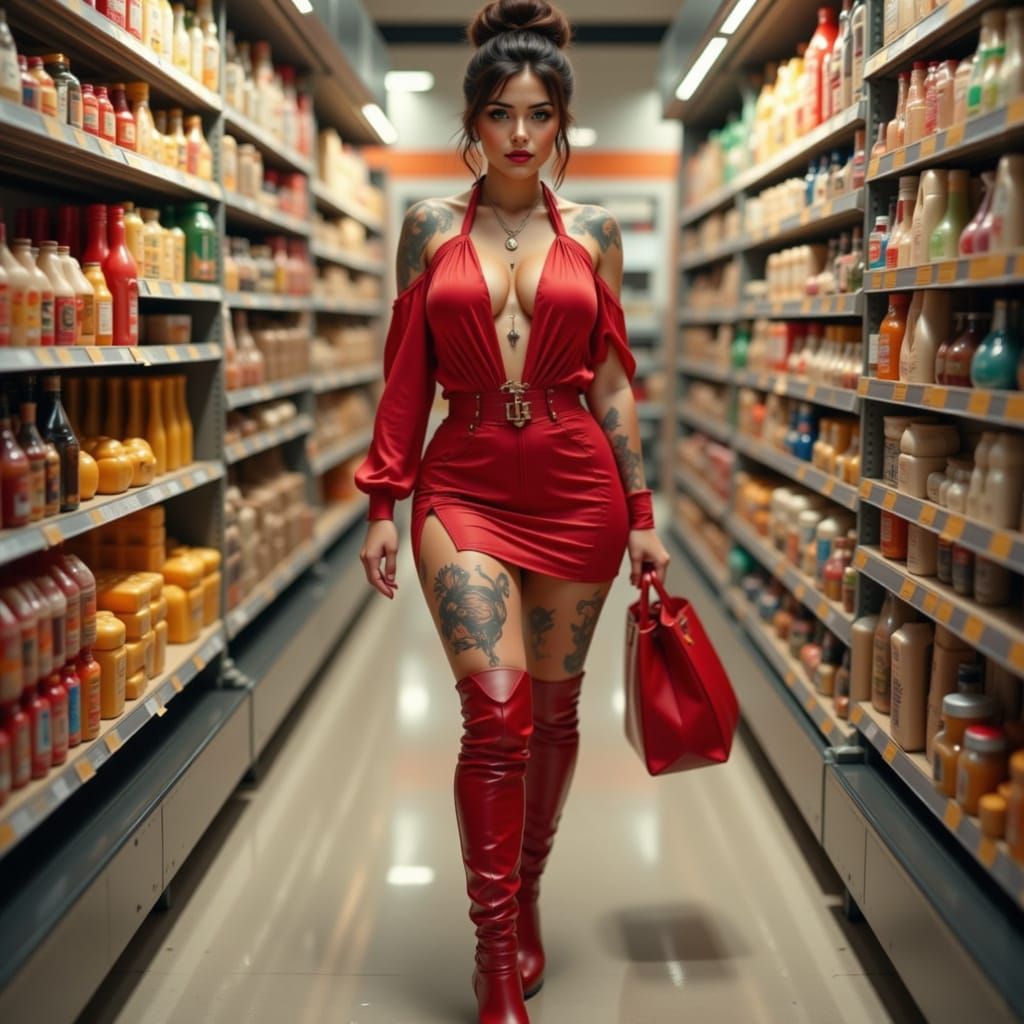Pinup Model Pushing Shopping Cart in Grocery Store