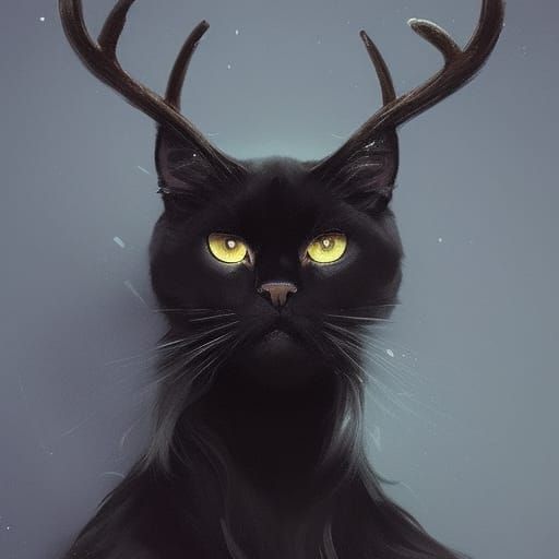 Majestic Black Cat with Antlers, Digital Illustration