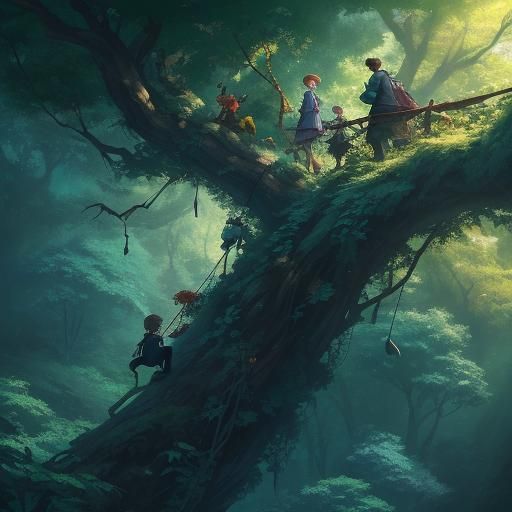 Colorful Gorillas in Dark Forest: Studio Ghibli Anime