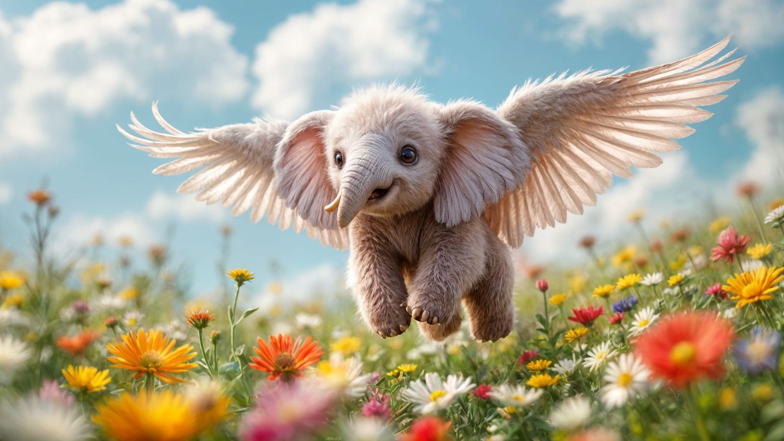 Pink Elephant Soaring Over Wildflower Field