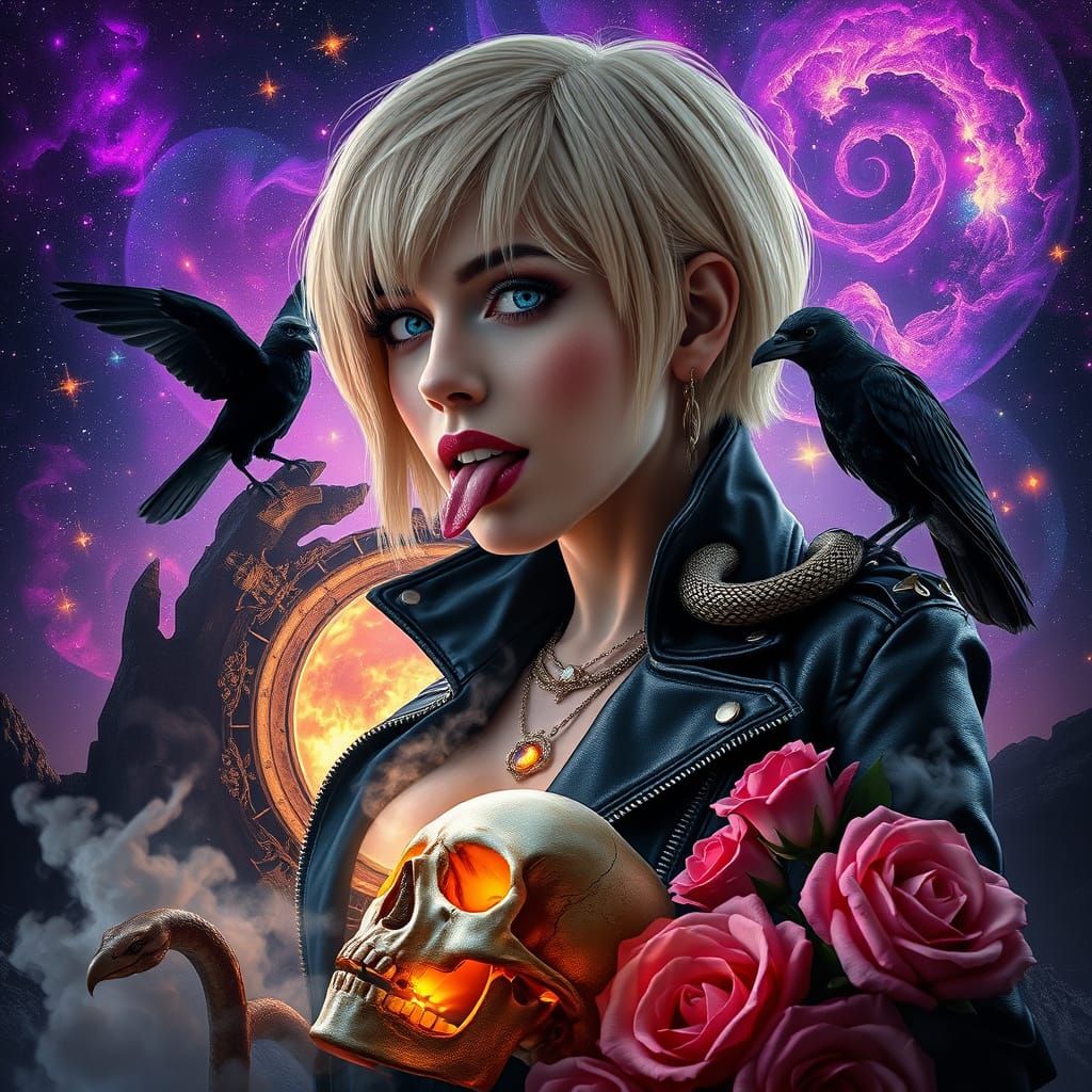 Mystical Woman Portrait with Neon Glow and Starry Sky