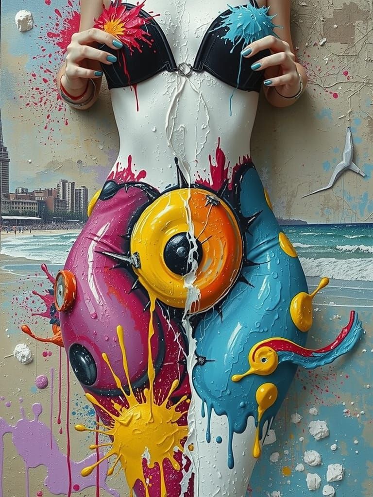 Vibrant Beach Woman in Graffiti Splash Art Style
