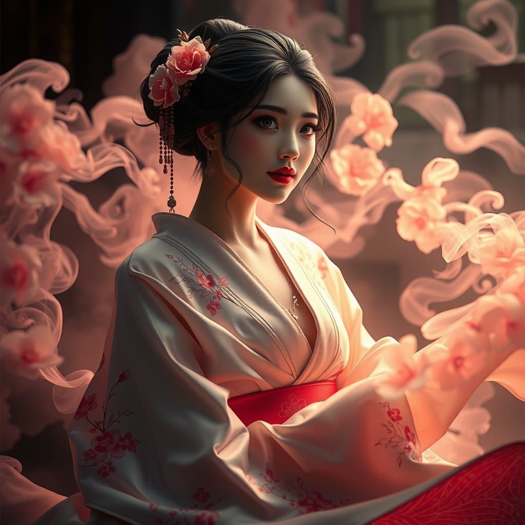 Captivating Japanese Beauty in Iridescent Smoke