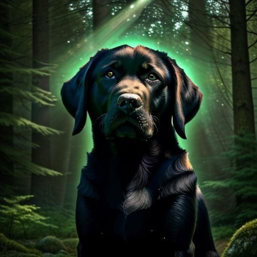 Hyperrealistic Black Labrador Retriever in Enchanting Forest