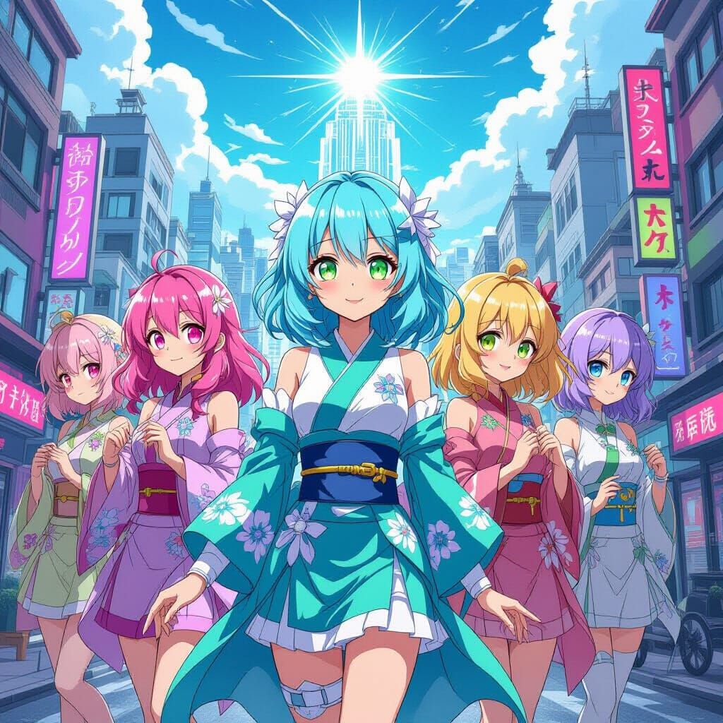 Anime Girls in Cityscape Led by Glowing Goddess