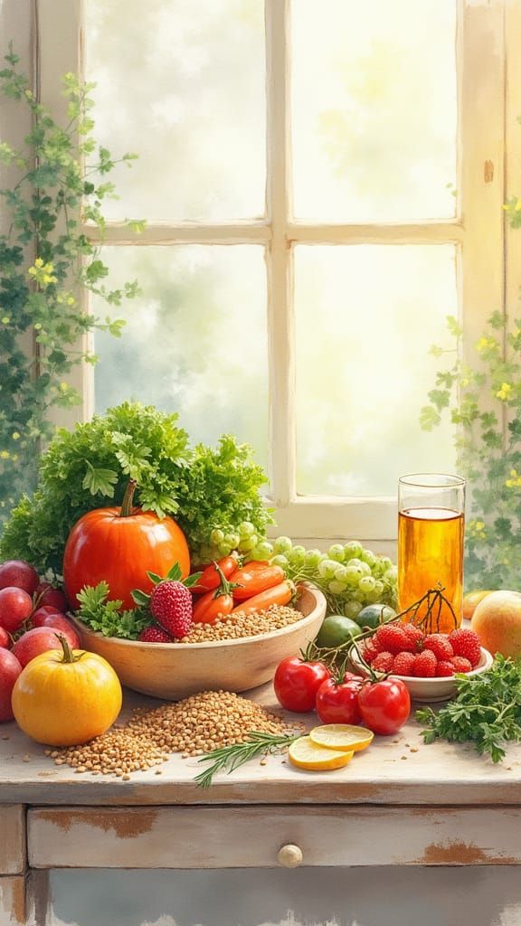 Vibrant Watercolor Still Life with Fresh Produce and Glass